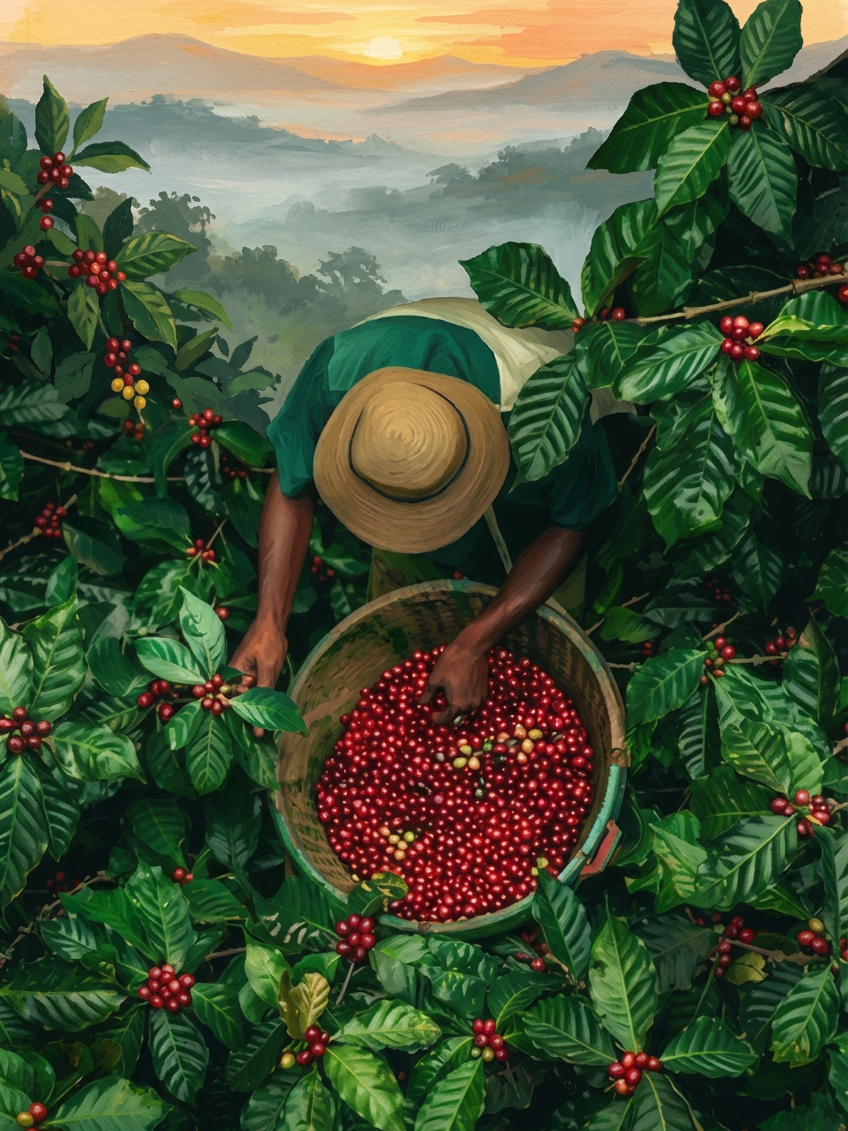Coffee farmer harvesting red coffee cherries