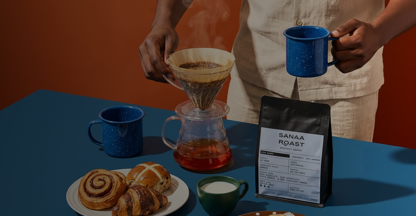 A pour-over coffee being prepared alongside a Sanaa Roast bag